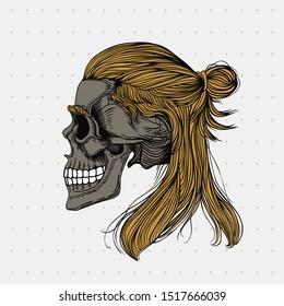 Skull with long hair wrapped in a bun. Stylish men's hairstyle. Picture for halloween, barbershop and clothes.