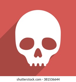 Skull long shadow vector icon. Style is a flat light symbol on a red square background.