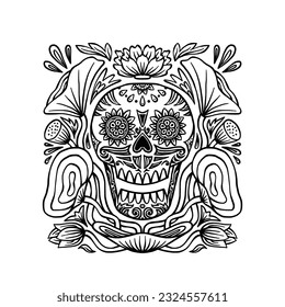 Skull and Lotus Decorative Ornament Doodle, isolated vector