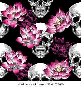 Skull and  lotuses on black background. Vector seamless pattern