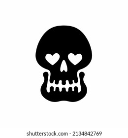 Skull with Love Eyes Icon Logo Design. Black and White Decal Stencil Tattoo. Flat Vector Illustration on White Background.