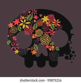 Skull, love and flowers. Beautiful vector background.