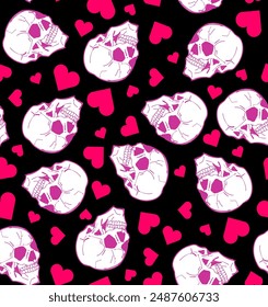 Skull with love pattern seamless. Skeleton head and Heart background