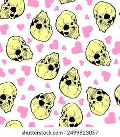 Skull with love pattern seamless. Skeleton head and Heart background