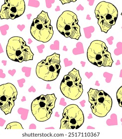 Skull with love pattern seamless. Skeleton head and Heart background