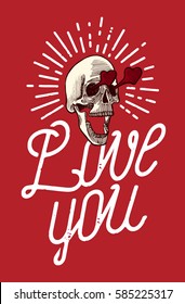 Skull in love thin line calligraphy grunge valentines print