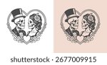 Skull Lovers Skeleton Couple, Love Male Top Hat, Female Flower Holiday, Romance Horror Gothic Wedding Heart Art Logo Tattoo Design, Vector Files for Cricut