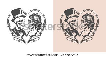 Skull Lovers Skeleton Couple, Love Male Top Hat, Female Flower Holiday, Romance Horror Gothic Wedding Heart Art Logo Tattoo Design, Vector Files for Cricut