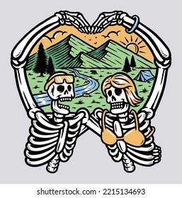 skull loves mountains illustration hand drawn