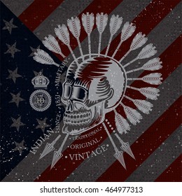 Skull with a lower jaw and feather from back arrows. Vintage print on USA flag