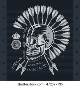 Skull with a lower jaw and feather from back arrows. Vintage print on blackboard