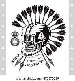 Skull with a lower jaw and feather from back arrows. Vintage print on white background