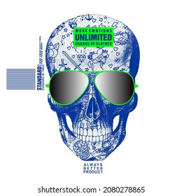 skull with lower jaw and glasses. Vector illustration, vector art can be used in silkscreen prints.