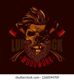 The skull of a lumberjack with beard and mustache in the background of the axes. Original vector illustration in vintage style.