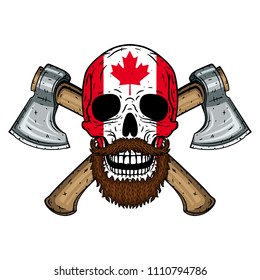 Skull lumberjack with a beard, mustache, crossed axes and the Canadian flag