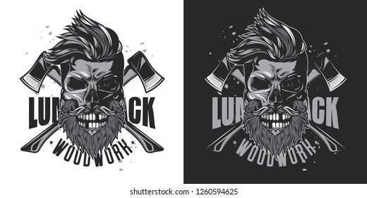 Skull lumberjack with beard and mustache on the background of axes. Monochrome vector illustration on white and dark background.