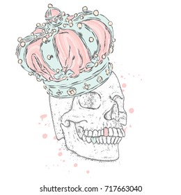 Skull in a luxurious crown. Vector illustration for a postcard or a poster, print for clothes.