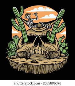 The skull is lying down on the cactus