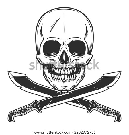 Skull with machete sharp knife melee weapon of hunter in jungle. Black and white vector isolated on white background