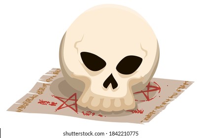 Skull with mad gesture over ancient scroll with pentagrams and mysterious spells, isolated over white background.