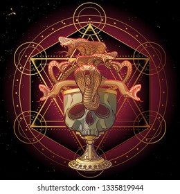 Skull made goblet filled with snakes. Occult symbols on background. Concept art for tattoo, tarot cards or occultism related project. EPS10 vector illustration