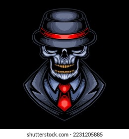 skull mafia gangster head vector illustration design with hat, cloak and tie