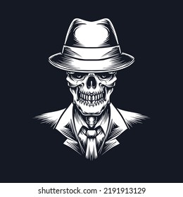 Skull Mafia Gangster With Suit Illustration