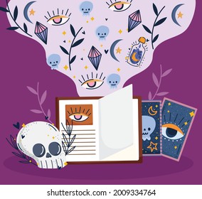 caricatura de libros y tarjetas de magia de cráneo
