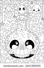 Skull In Magic Bottle Halloween Coloring Page Vector