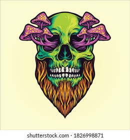 Skull Magic Mushrooms Illustrations for mascot logo and merchandise clothing line, stickers