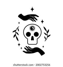 Skull magic symbols esoteric witch tattoos with crescent moon, hands, branch of leaves, star. Vector flat mystic vintage illustration. Design for poster, card, flyer, tarot