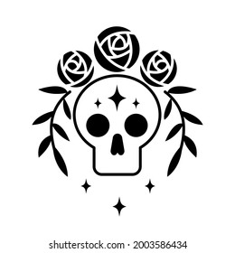 Skull magic symbols esoteric witch tattoos with crescent moon, rose flower, branch of leaves, star. Vector flat mystic vintage illustration. Design for poster, card, flyer, tarot