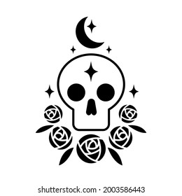 Skull magic symbols esoteric witch tattoos with crescent moon, rose flower, branch of leaves, star. Vector flat mystic vintage illustration. Design for poster, card, flyer, tarot