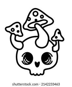 Skull and magical psychedelic mushrooms. Humorous composition. Human skull and mushroom sprouted. For stickers, posters, tattoos and t-shirt design. Vector illustration.