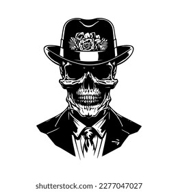 skull with magician hat line art hand drawn illustration