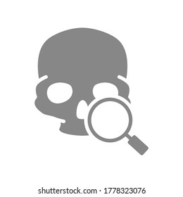 Skull with magnifying glass grey icon. Cranium research, bone structure of the head symbol