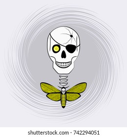 Skull male with a bullet hole, Deaths head moth, butterfly Dead Head. Sketch for tattoo, print. Design element for Halloween, Dead, Undead. Isolated image in grunge style. Vector illustration EPS8.
