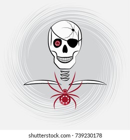 Skull male with a bullet hole, decorated with a spider. Sketch for tattoo and for print. Design element for Halloween, Dead, Undead. Isolated image in grunge style. Color Vector illustration EPS8.
