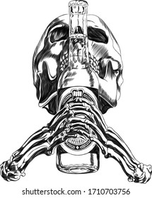 skull of a man with a bottle symbol of harm to health vector illustration print