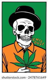 Skull man with a cannabis leaf. Chill out poster vector