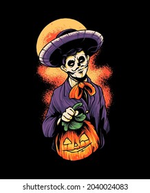 Skull man Dia de muertos T shirt Illustration Premium Vector