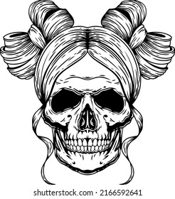 The skull of a man with a female hairstyle with bows.