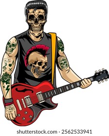 Skull Man playing Guitar World Rock Day in Vector Cartoon Illustration