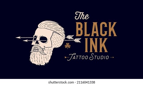 Skull man. Poster of vintage skull man, hipster label, portrait man. Retro old school illustration with text Black Ink, tattoo salon, hipster style. Vector Illustration