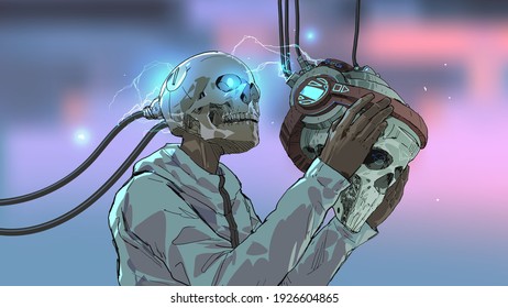 a skull man wearing the futuristic virtual reality headset, vector illustration