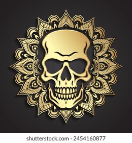 calavera con fondo ornamental de oro mandala 3d