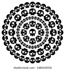 Skull mandala vector design, Halloween decoration pattern with Mexican skulls in black on white background. Day of the Dead - Dia de los Muertos modern ornament with skulls, boho mandala for Halloween