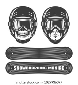 Skull and a man's head in  sports helmet with goggles. Two snowboards with different images. Stamp retro style.