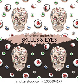 Skull and many eyes. Seamless patterns
