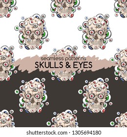 Skull and many eyes. Seamless patterns
